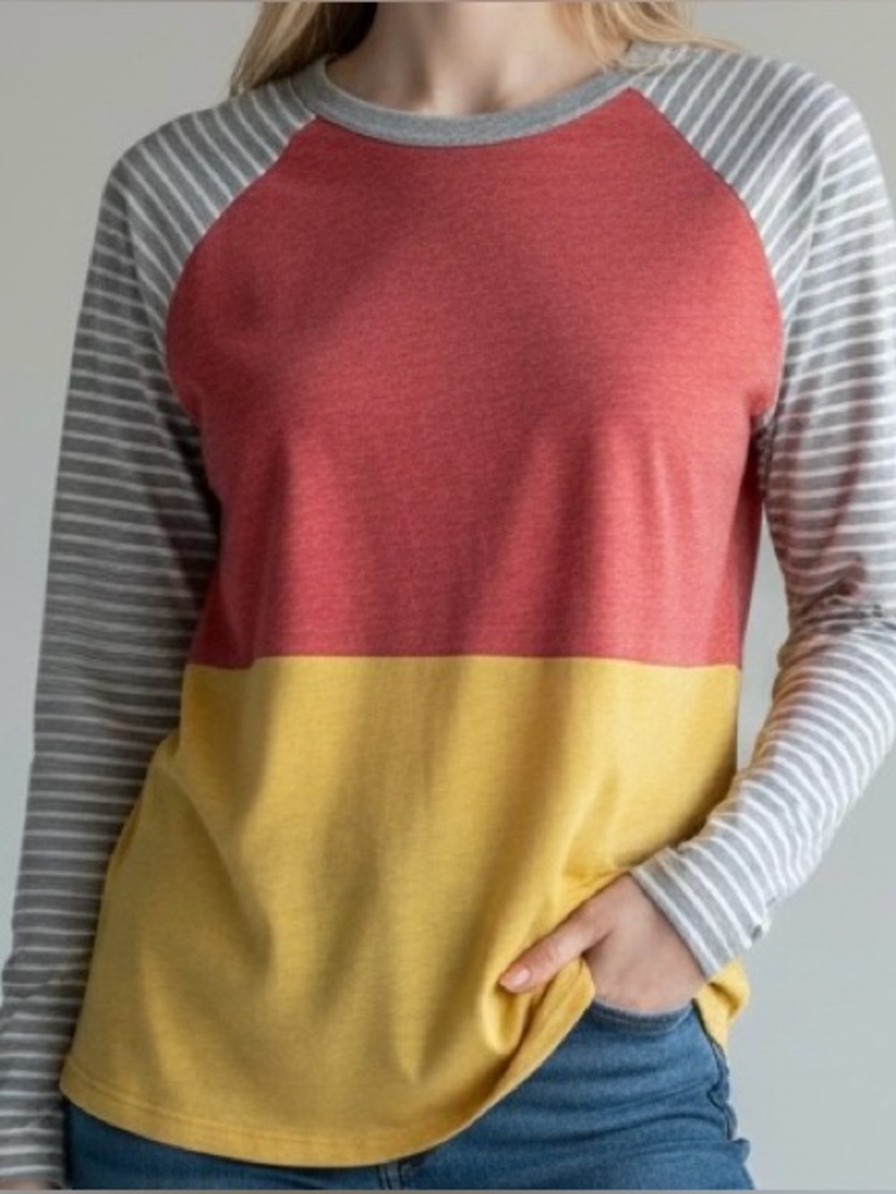 My Story Red Heather Raglan Top with Gray Stripe Collar